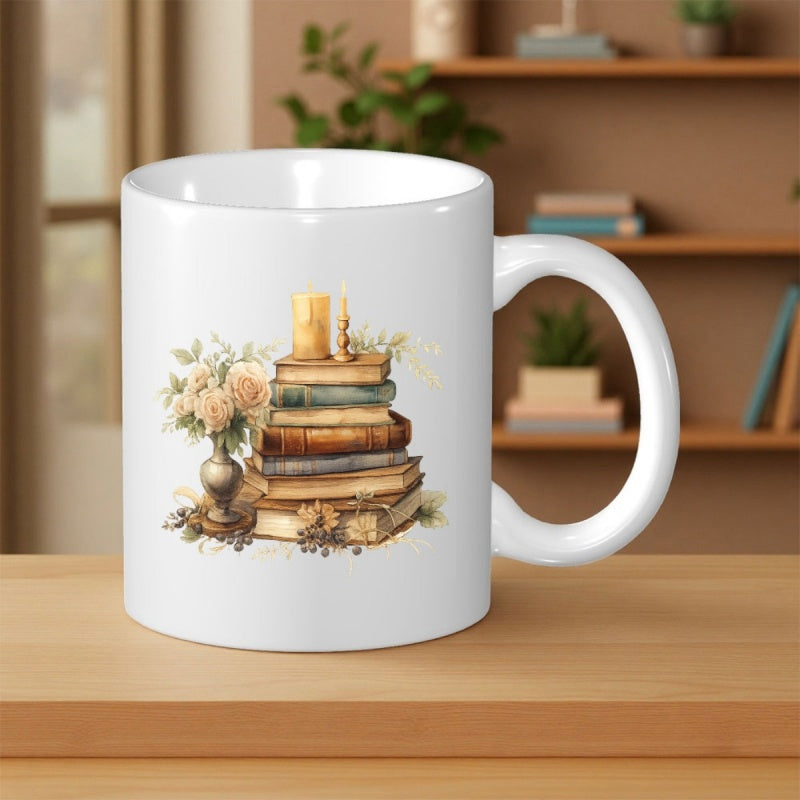 Tailorly White Ceramic 11 oz Mug - Vintage Stacked Antique Literature With Glowing Candle And Floral Vase Books