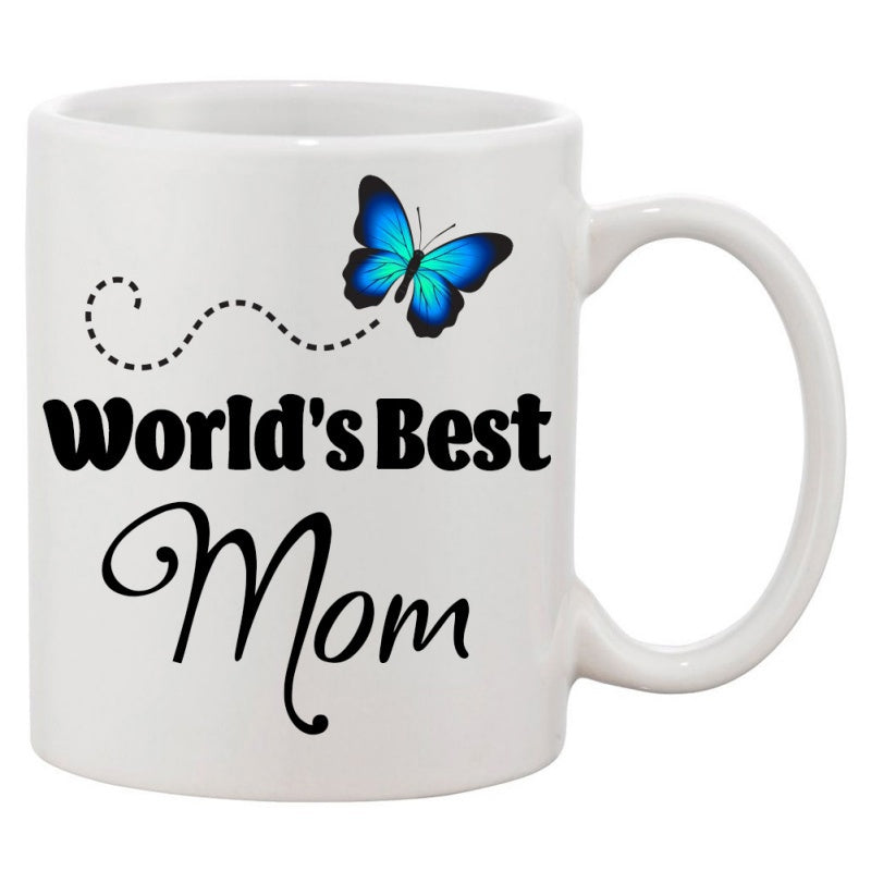Tailorly White Ceramic 11 oz Mug - World's Best Mom Vibrant Blue Butterfly Fluttering With A Graceful Dotted Trail Motion Butterfly