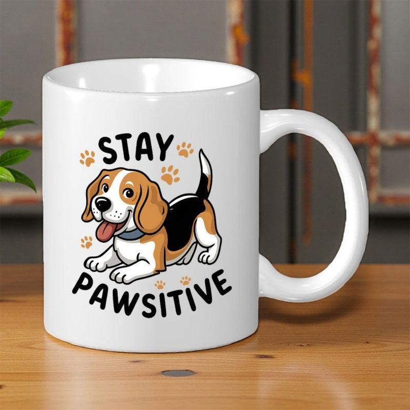 Tailorly White Ceramic 11 oz Mug - Stay Pawsitive Cheerful Tricolor Beagle Puppy With Little Brown Paw Prints Dog