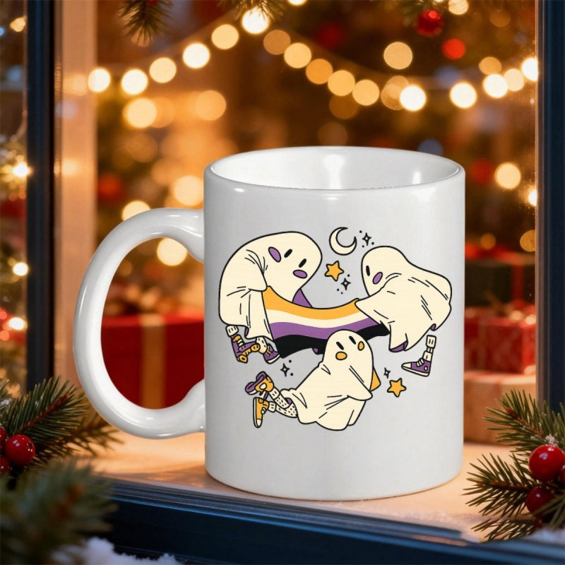 Tailorly White Ceramic 11 oz Mug - Three Cute Cartoon Ghosts Holding Pride Flag Amidst Stars And Crescent Moon Ghost