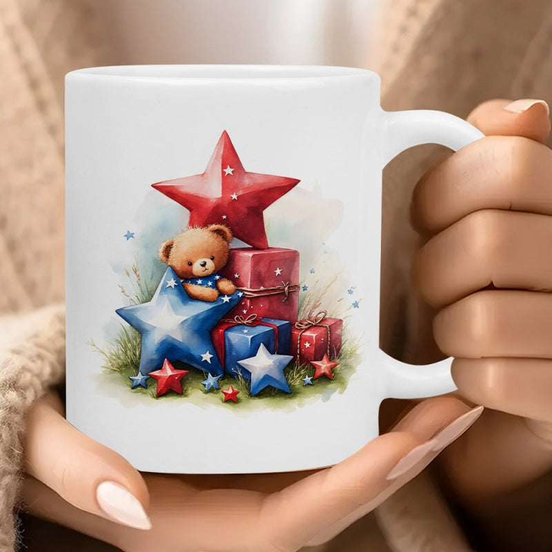 Tailorly White Ceramic 11 oz Mug - Cute Watercolor Teddy Bear Sitting Among Colorful Gift Boxes And Stars Teddy Bear