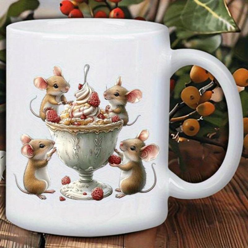Tailorly White Ceramic 11 oz Mug - Cute Little Mice Gathering Around A Tall Vintage Ice Cream Sundae Mouse