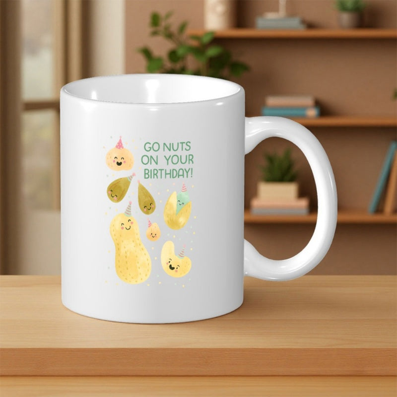 Tailorly White Ceramic 11 oz Mug - Go Nuts On Your Birthday Adorable Watercolor Style Smiling Characters Wearing Festive Party Hats Nuts