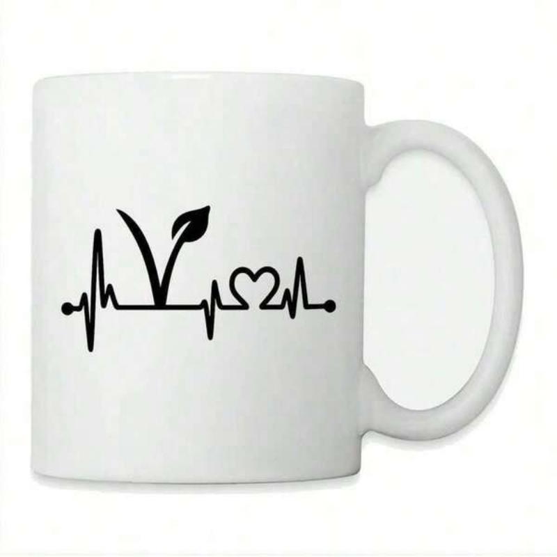 Tailorly White Ceramic 11 oz Mug - Minimalist Black Line Representing Vegan Life With Heart And Leafy Pulse Heartbeat