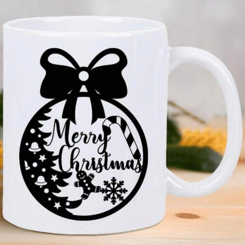 Tailorly White Ceramic 11 oz Mug - Merry Christmas Festive Circular Bauble With Gingerbread Man Snowflake And Candy Cane Ornament