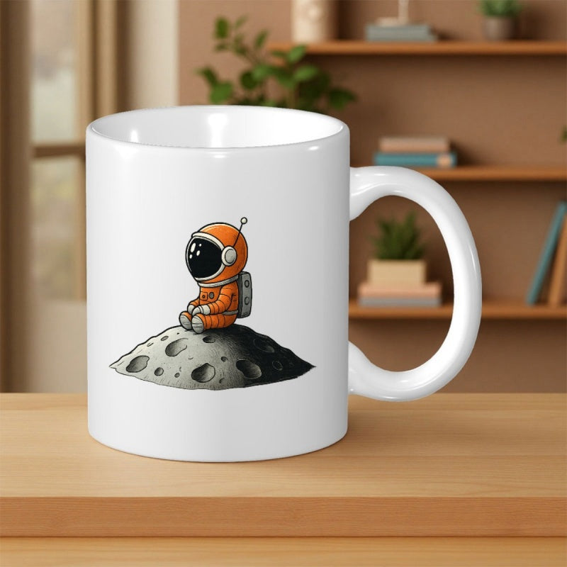 Tailorly White Ceramic 11 oz Mug - Small Orange Explorer Sitting On A Lonely Moon Surface With Craters Astronaut