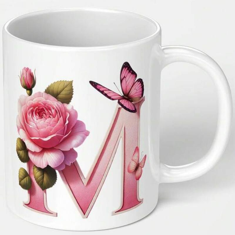 Tailorly White Ceramic 11 oz Mug - M Elegant Pink Letter Decorated With Blooming Rose And Flying Butterfly Letter