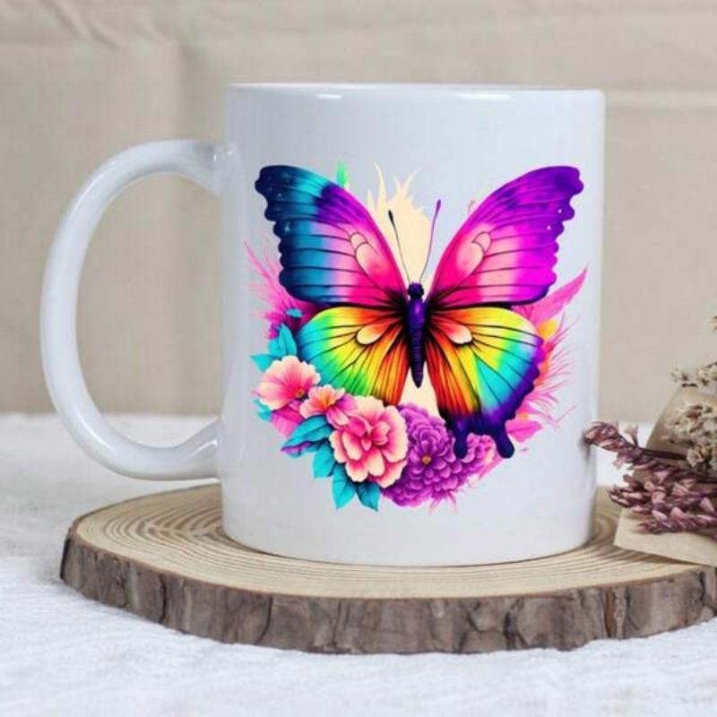 Tailorly White Ceramic 11 oz Mug - Vibrant Multicolored Wings Above Blooming Spring Flowers With Delicate Watercolor Splashes Butterfly