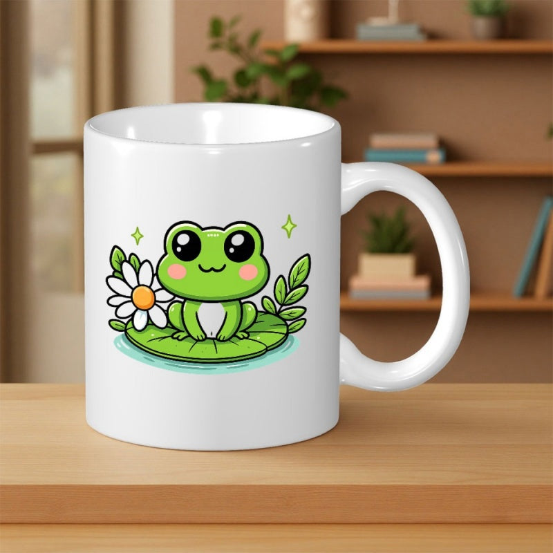 Tailorly White Ceramic 11 oz Mug - Adorable Small Green Character Sitting Peacefully On A Vibrant Lily Pad Frog