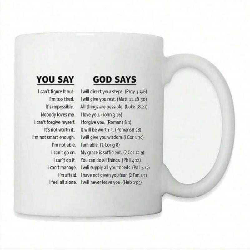 Tailorly White Ceramic 11 oz Mug - You Say God Says Minimalist Typographical Comparison List On A