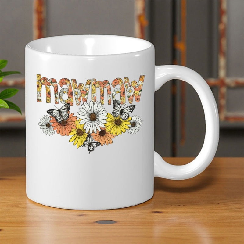 Tailorly White Ceramic 11 oz Mug - Mawmaw Sunlit Garden Bloom With Colorful Daisies And Graceful Fluttering Butterflies Flower