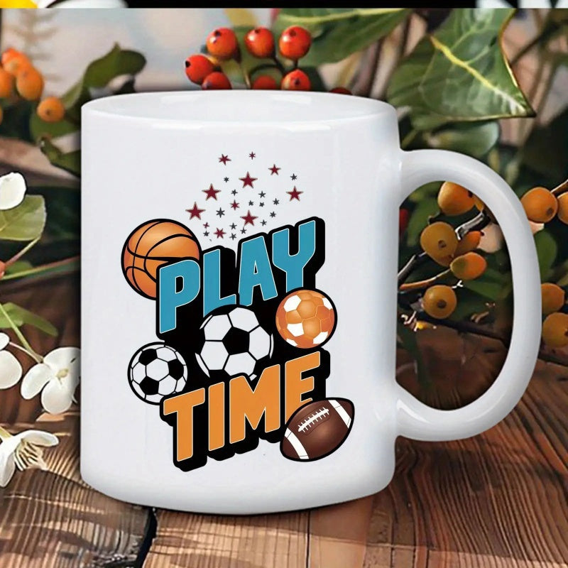 Tailorly White Ceramic 11 oz Mug - Play Time Collection Of Various Sports Balls Surrounded By Small Red Stars Mug