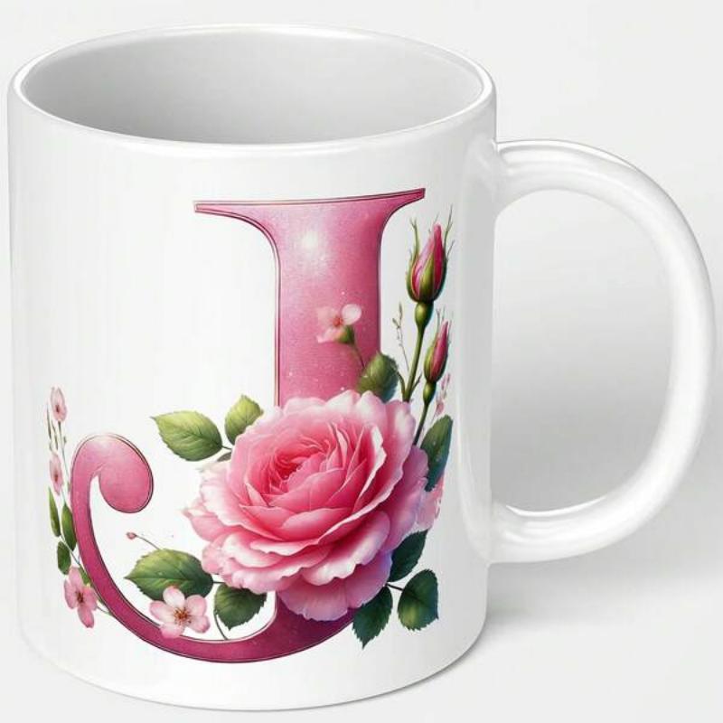 Tailorly White Ceramic 11 oz Mug - Beautiful Pink Monogram Surrounded By Elegant Blooming Roses And Green Leaves Letter J