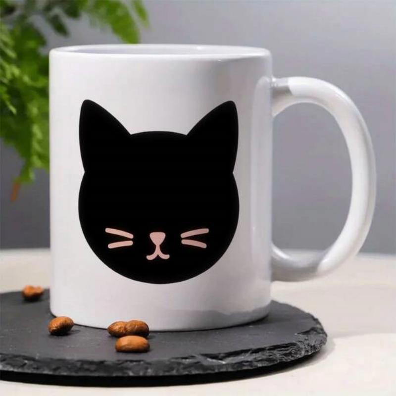 Tailorly White Ceramic 11 oz Mug - Minimalist Black Silhouette Head Featuring Cute Pink Whiskers And Nose Cat