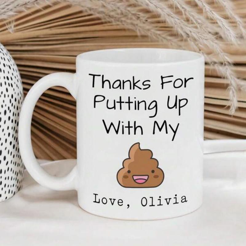 Tailorly White Ceramic 11 oz Mug - Thanks For Putting Up With My Love Olivia Smiling Brown Swirled Cartoon Face With Cheerful Expression Poop