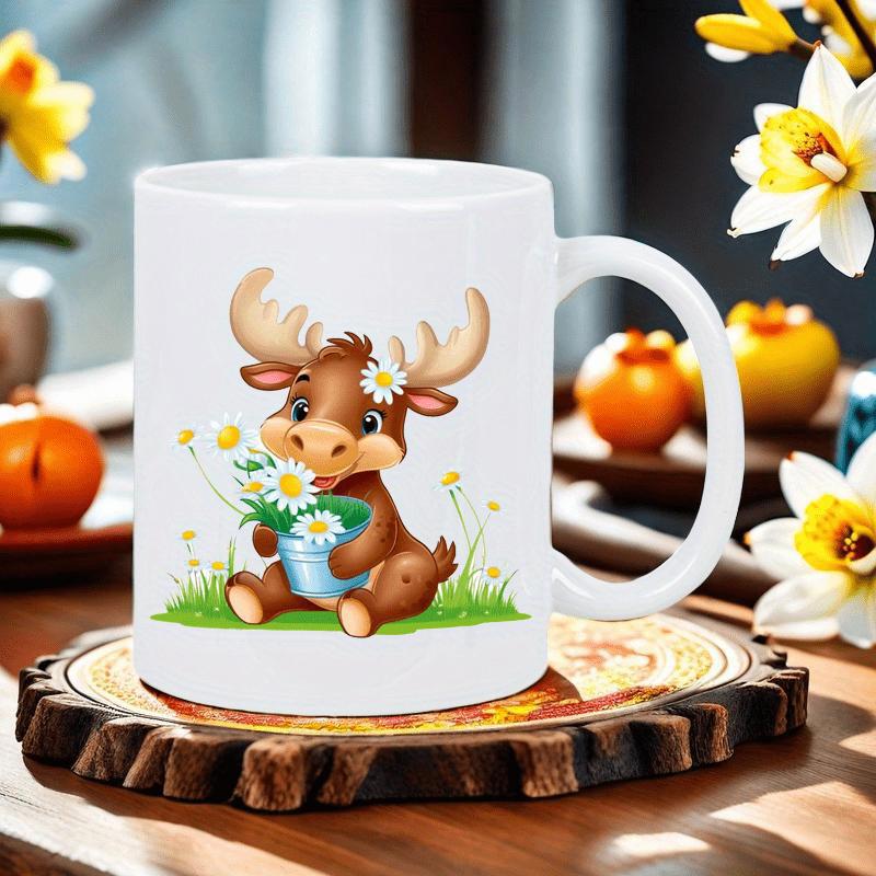 Tailorly White Ceramic 11 oz Mug - Cute Brown Cartoon Calf Sitting On Grass Holding A Flower Bucket Moose