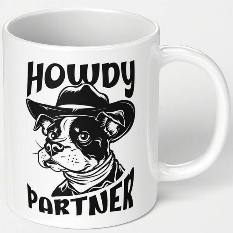 Tailorly White Ceramic 11 oz Mug - Howdy Partner Western Style Dog Wearing Cowboy Hat And Neck Scarf Illustration Dog