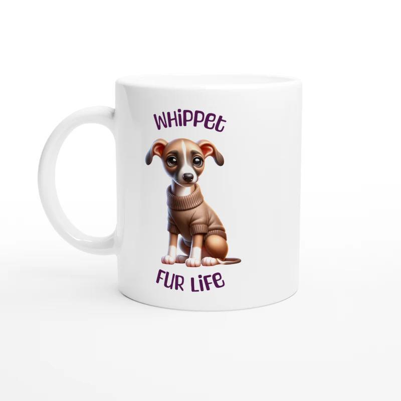 Tailorly White Ceramic 11 oz Mug - Whippet Fur Life Adorable Brown Dog Wearing Cozy Sweater Sitting Peacefully On White Surface Whippet