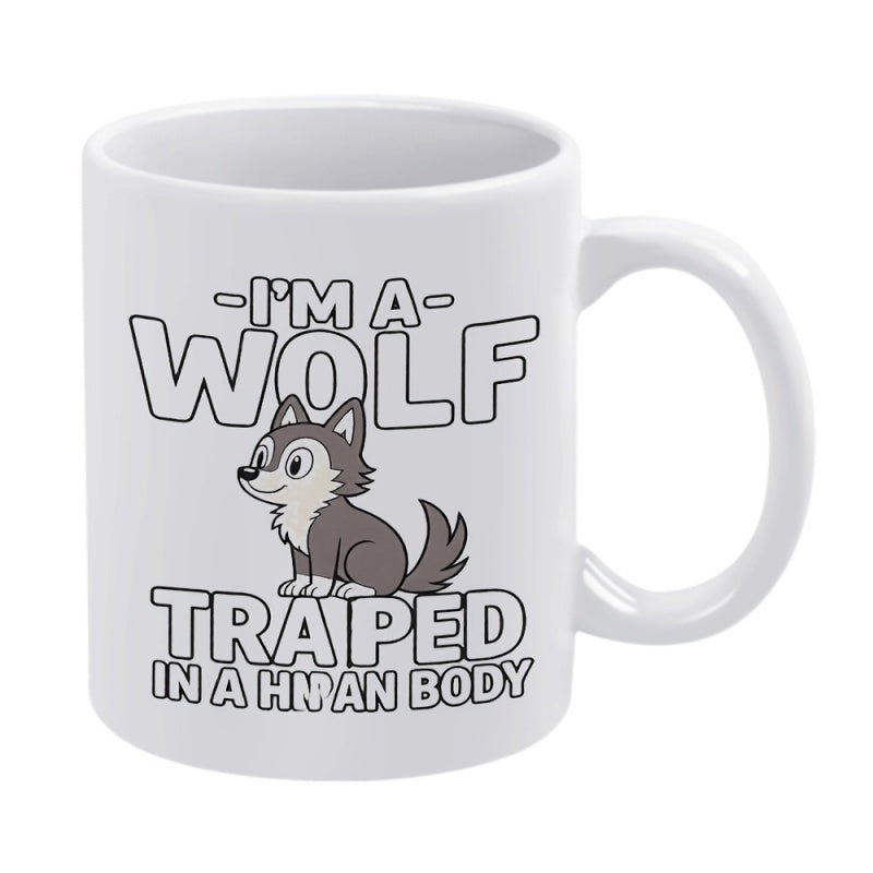 Tailorly White Ceramic 11 oz Mug - Im A Wolf Traped In A Human Body Cute Sitting Grey Cartoon Pup With Large Friendly Eyes Smiling Wolf