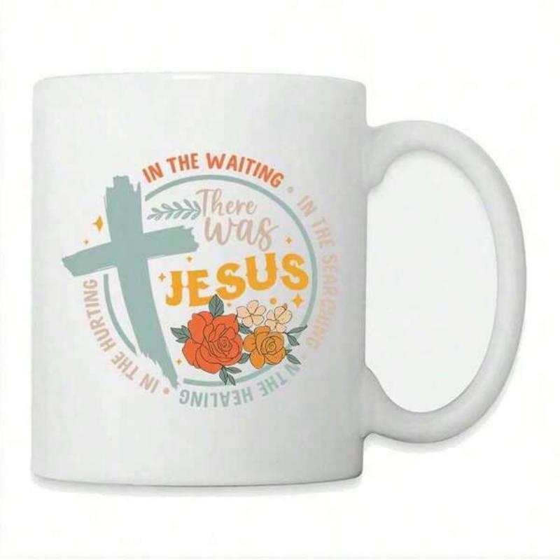 Tailorly White Ceramic 11 oz Mug - In The Waiting There Was Jesus Weathered Teal Cross Silhouette With Vibrant Orange Roses Arranged In Circle Cross