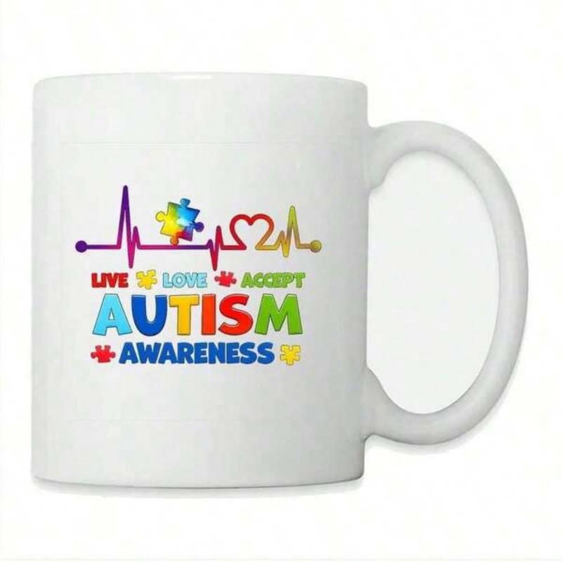 Tailorly White Ceramic 11 oz Mug - Live Love Accept Autism Awareness Colorful Puzzle Pieces Within A Pulsing Life Line Graphic Pattern Heartbeat