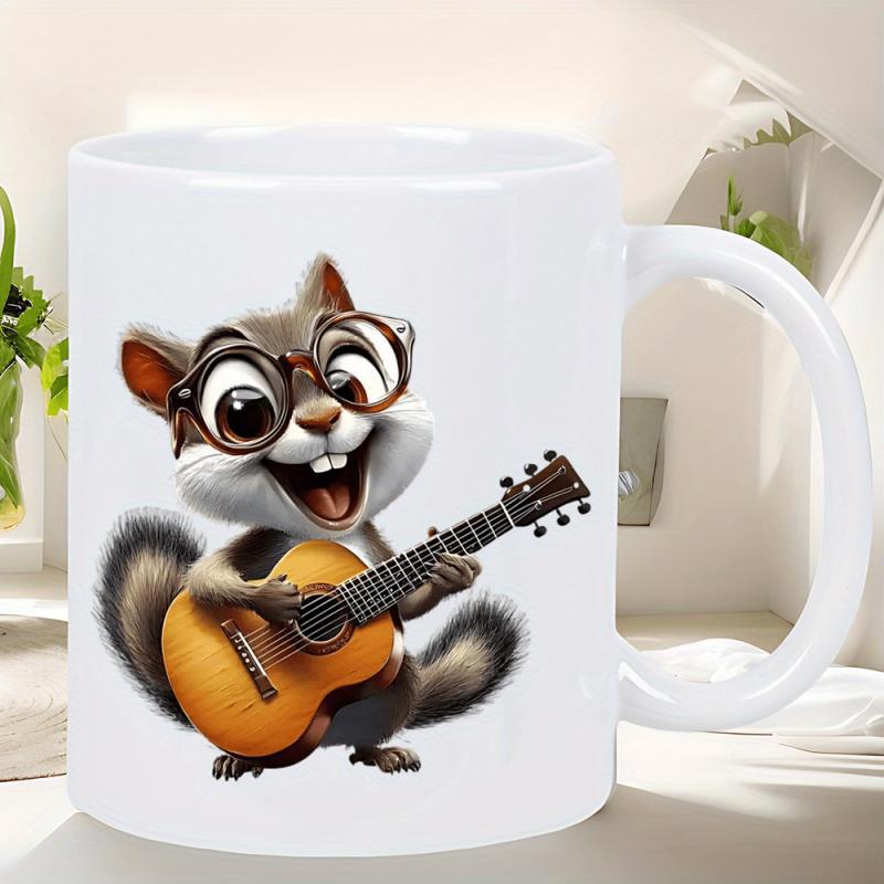 Tailorly White Ceramic 11 oz Mug - Adorable Cartoon Wearing Glasses Playing Acoustic Guitar With Joyful Expression Squirrel