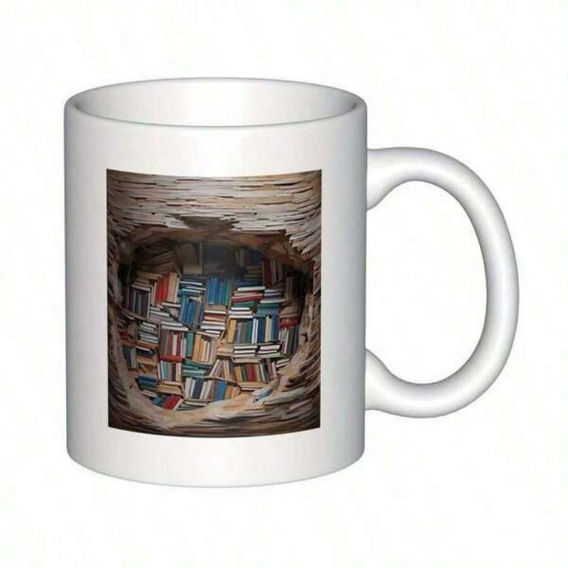 Tailorly White Ceramic 11 oz Mug - Colorful Collection Of Antique Books Inside A Rustic Textured Hollow Library