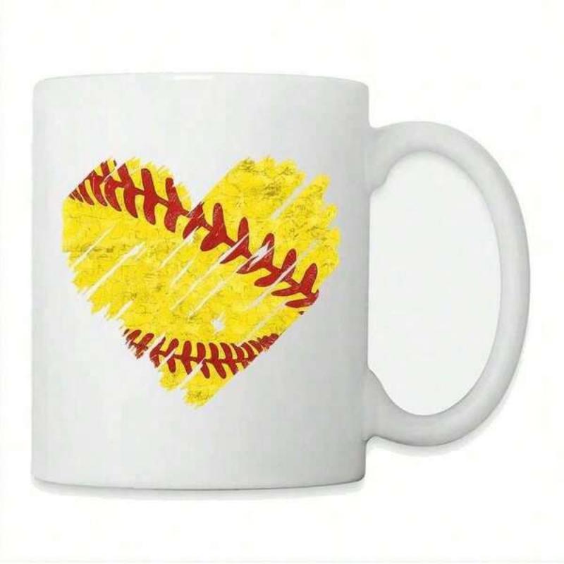 Tailorly White Ceramic 11 oz Mug - Yellow Distressed Athletic Texture Featuring Red Stitches Shaped Like A Heart