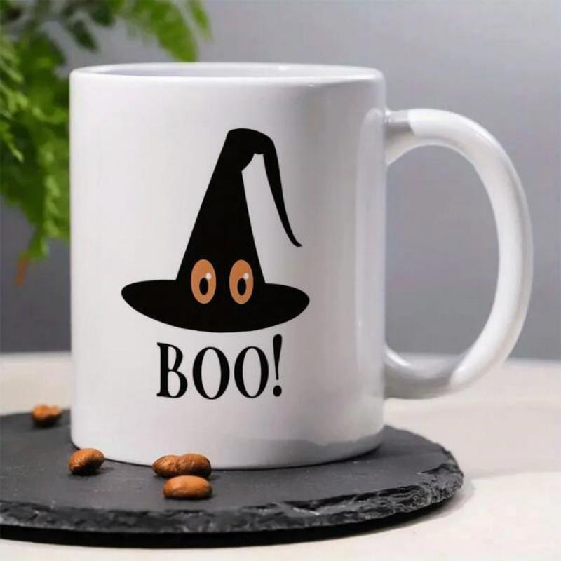 Tailorly White Ceramic 11 oz Mug - Boo Black Pointed Silhouette With Spooky Orange Eyes For Halloween Celebration Hat