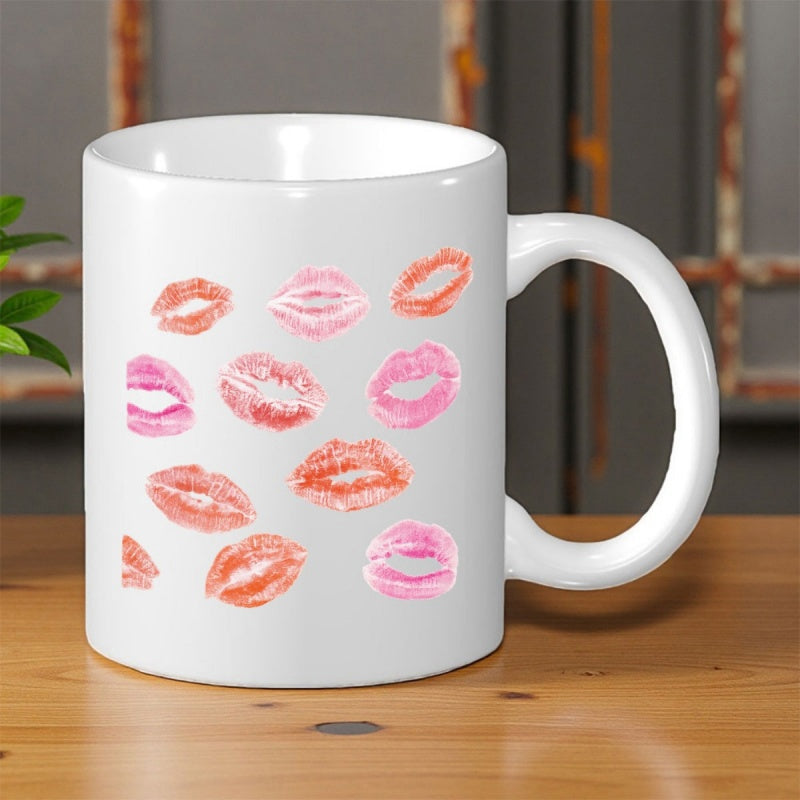 Tailorly White Ceramic 11 oz Mug - Colorful Pouty Lipstick Kiss Marks Scattered Over A Clean White Background Lips