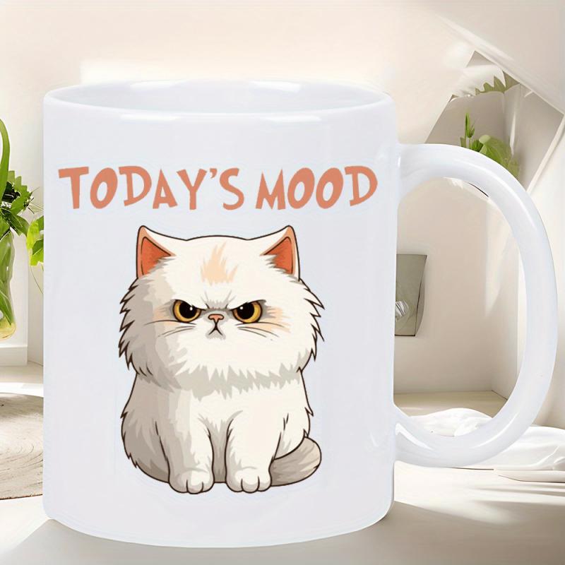 Tailorly White Ceramic 11 oz Mug - Today's Mood Fluffy White Persian Feline With A Grumpy Expression Sitting Still Cat