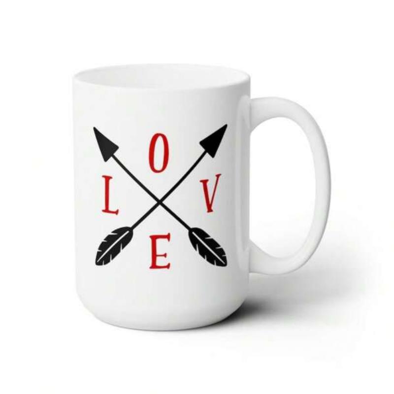 Tailorly White Ceramic 11 oz Mug - Love Minimalist Black Crossed Arrows Featuring Red Serif Letters Over White Background Arrow