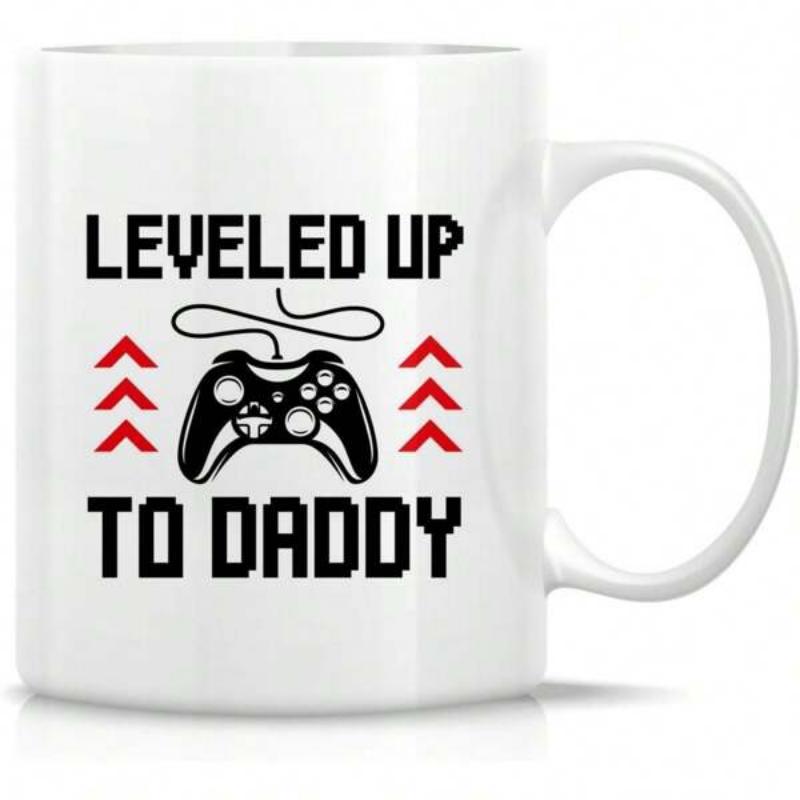 Tailorly White Ceramic 11 oz Mug - Leveled Up To Daddy Retro Style Gaming Controller Surrounded By Red Leveling Arrow Graphics Controller