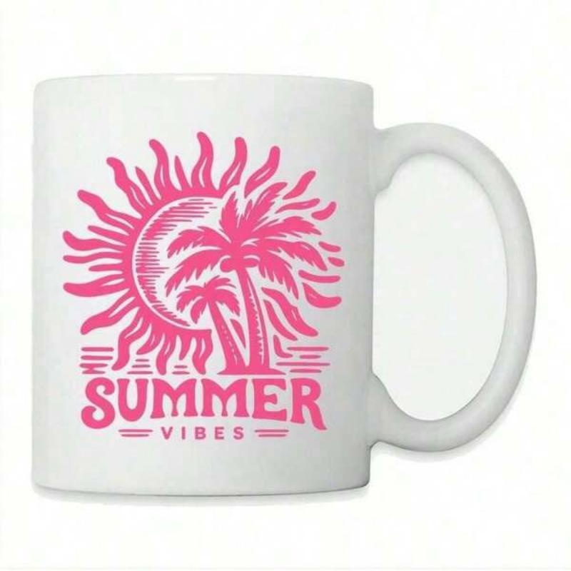 Tailorly White Ceramic 11 oz Mug - Summer Vibes Stylized Retro Pink Sun Shining Behind Tropical Coastal Paradise Silhouettes Palm Tree