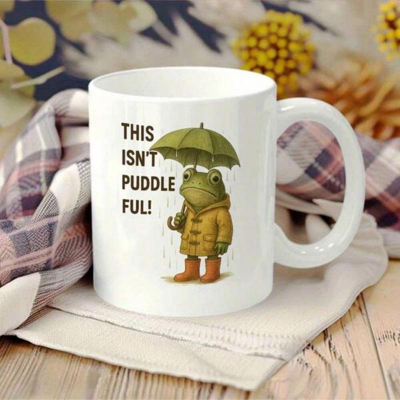Tailorly White Ceramic 11 oz Mug - This Isnt Puddle Ful Charming Little Frog Wearing Yellow Raincoat Under Green Umbrella Rain Frog