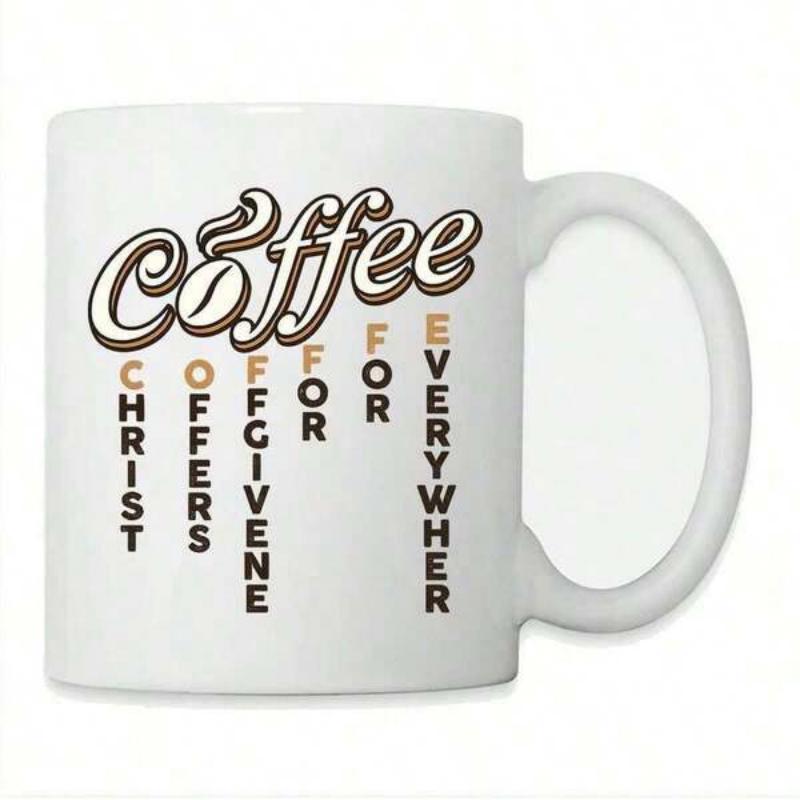 Tailorly White Ceramic 11 oz Mug - Coffee Christ Offers Forgiveness For Everywhere Retro Script Lettering Featuring Coffee Bean Icon Among Vertical Religious