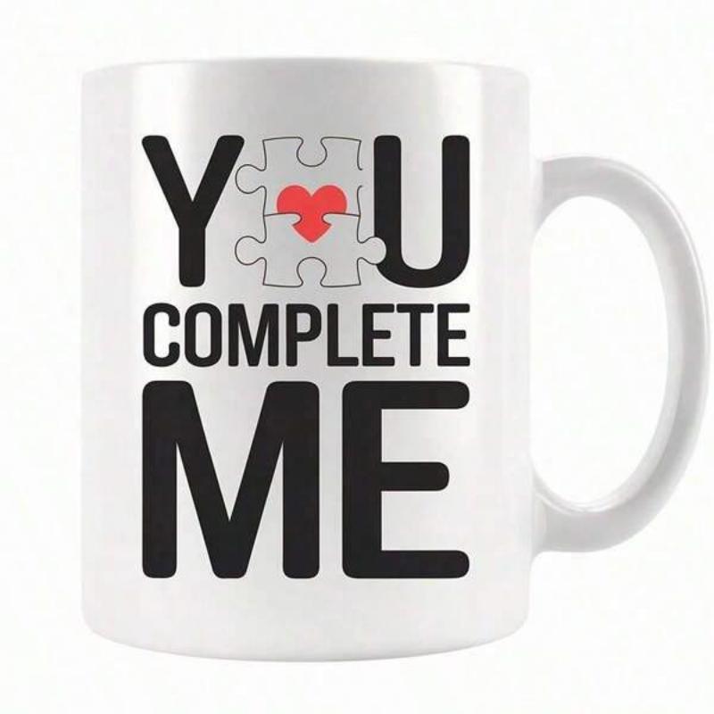 Tailorly White Ceramic 11 oz Mug - You Complete Me Minimalist White Jigsaw Piece Featuring Small Red Center Heart Puzzle