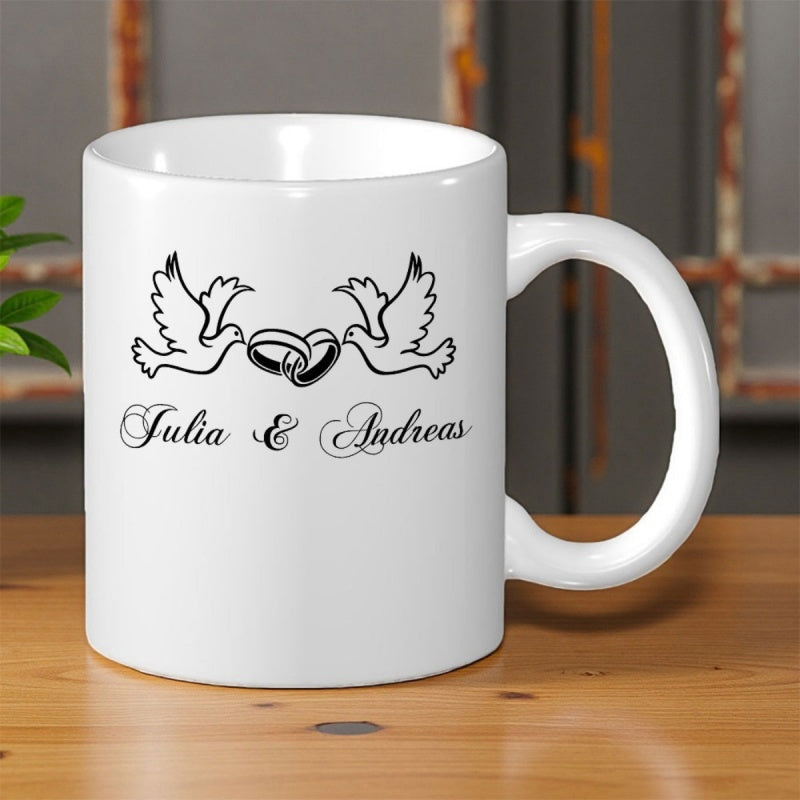 Tailorly White Ceramic 11 oz Mug - Julia Andreas Two Elegant Flying Doves Carrying Interlocking Wedding Rings Bird