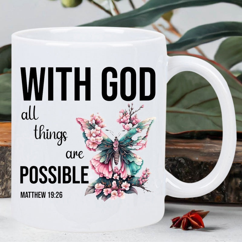 Tailorly White Ceramic 11 oz Mug - With God All Things Are Possible Matthew 19 26 Vibrant Butterfly Wings Decorated With Delicate Pink Spring Cherry Blossom