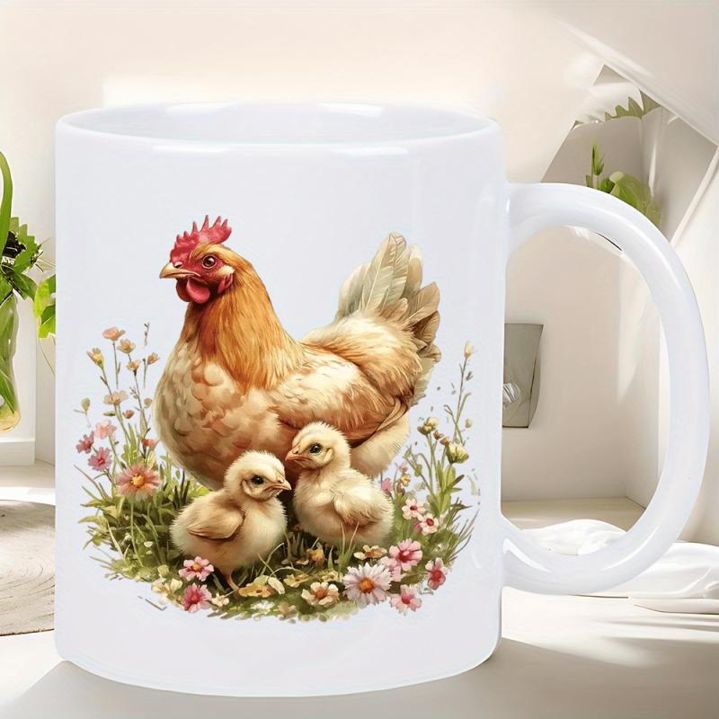 Tailorly White Ceramic 11 oz Mug - Rustic Mother Hen With Baby Chicks Nestled Among Colorful Wild Flowers Chicken