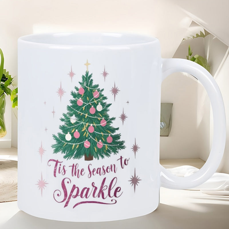Tailorly White Ceramic 11 oz Mug - Tis The Season To Sparkle Decorated Evergreen With Pink Baubles And Shimmering Stars Tree