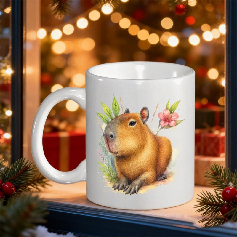 Tailorly White Ceramic 11 oz Mug - Peaceful Watercolor Animal Resting Among Green Leaves And Pink Flowers Capybara