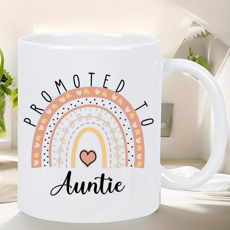 Tailorly White Ceramic 11 oz Mug - Promoted To Auntie Boho Style Arches With Earthy Tones And Tiny Hearts Rainbow