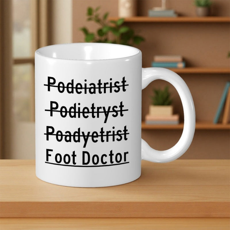 Tailorly White Ceramic 11 oz Mug - Foot Doctor Minimalist Black Script Typography With Horizontal Strike Through Lines Design Foot Doctor
