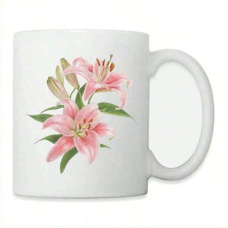 Tailorly White Ceramic 11 oz Mug - Delicate Hand Painted Pink Petals With Fresh Green Leaves In Bloom Lily