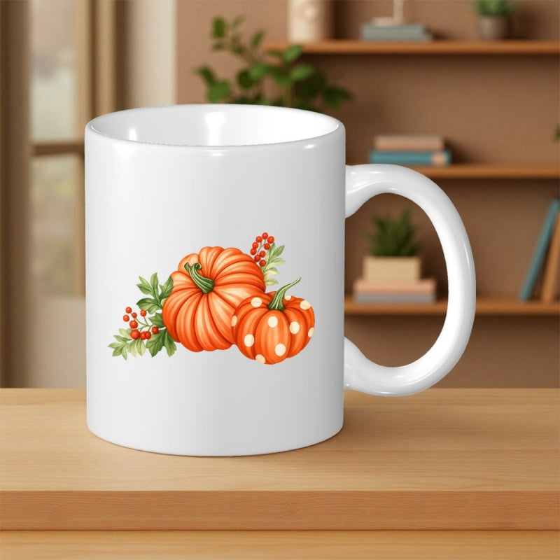 Tailorly White Ceramic 11 oz Mug - Harvest Pumpkins With Red Berries And Green Leaves Festive Autumn Pumpkin