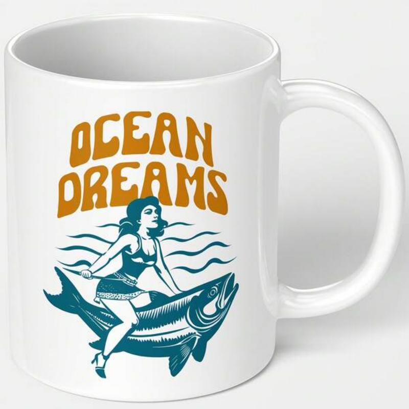 Tailorly White Ceramic 11 oz Mug - Ocean Dreams Vintage Styled Pin Up Woman Riding Upon A Large Deep Sea Fish