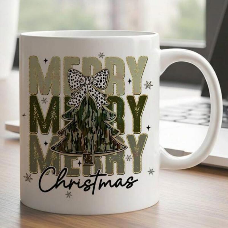 Tailorly White Ceramic 11 oz Mug - Merry Christmas Decorative Camouflage Patterned Holiday Evergreen With A Stylish Spotted Leopard Bow Christmas Tree