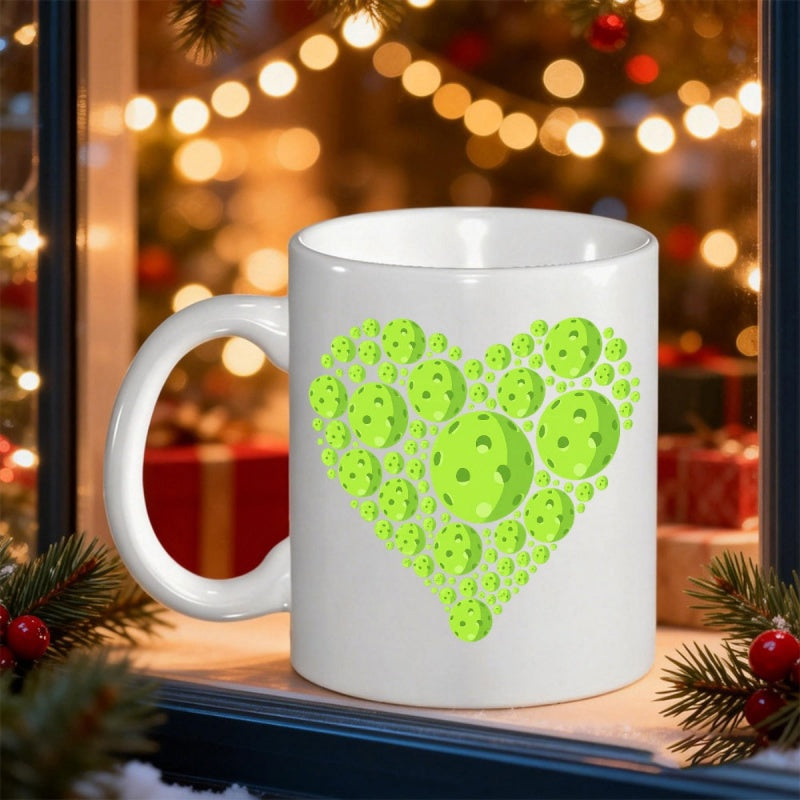 Tailorly White Ceramic 11 oz Mug - Vibrant Green Athletic Pickleballs Arranged Into A Large Symbolic Shape Heart