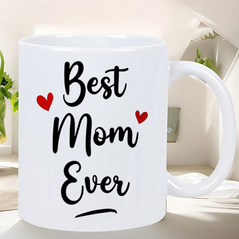 Tailorly White Ceramic 11 oz Mug - Best Mom Ever Delicate Red Hearts Floating Beside Elegant Script Text On Ceramic Surface Mug